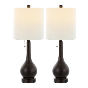 Tyler 24" Modern Classic Gourd Iron LED Table Lamp with Pull-Chain with Dual USB Charging Port - JONATHAN Y